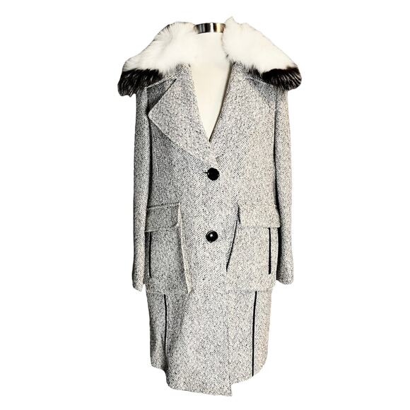 DEREK LAM 10 CROSBY Tweed Coat Wool Fur Collar Pockets White Black Designer 8 - Picture 9 of 14